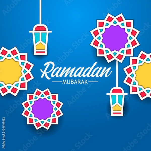 Fototapeta star mandala geometrical pattern frame with pop color with line flat fanous lantern for ramadan