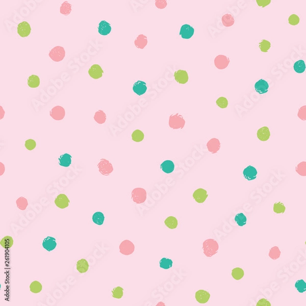 Fototapeta Colorful irregular polka dots vector seamless pattern. Trendy seamless pattern. Pink, green circles on pink background. Vector illustration. Surface pattern design.