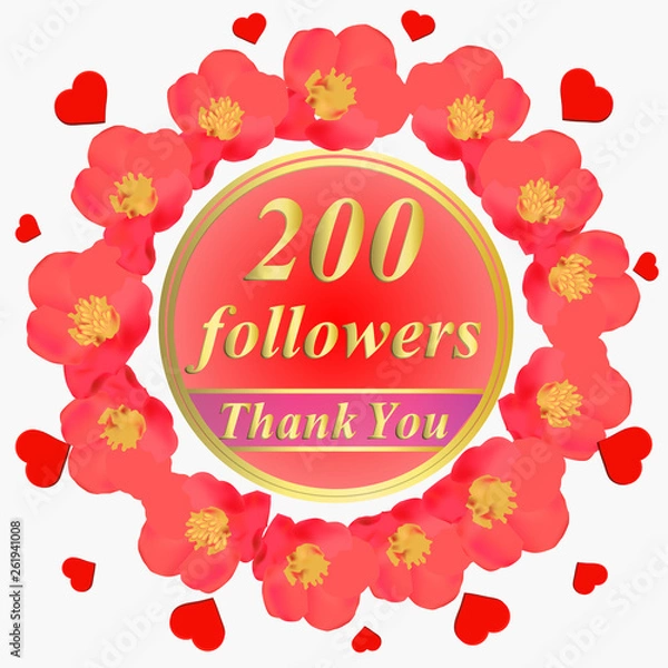 Fototapeta Bright followers background. 200 followers illustration with thank you on a ribbon. Illustration.