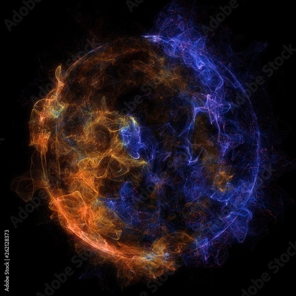 Fototapeta Abstract particles background with corrupted point sphere. Sun Solar Flare Particles coronal mass ejections. Globe grids with a broken structure. 3D render