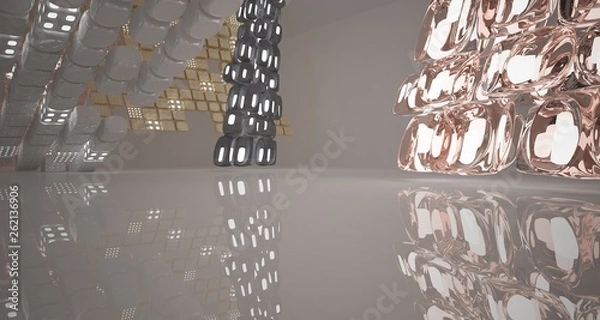 Fototapeta Abstract  concrete and coquina parametric smooth interior  with neon lighting. 3D illustration and rendering.