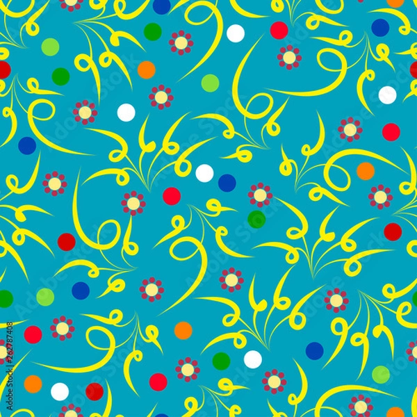 Fototapeta a dark blue background with colorful dots and red flowers and yellow ornaments