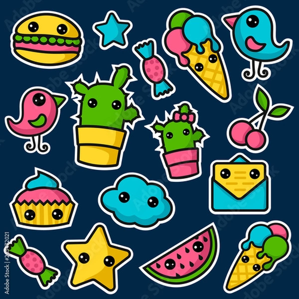 Fototapeta Set of cute kawaii stickers. Cupcake, ice-cream, candy, bird and etc. Collection emoticon manga, cartoon style. Vector illustration. Adorable characters icons design 