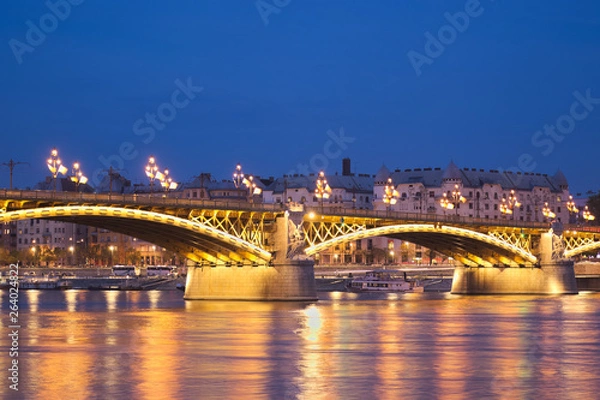 Fototapeta Night photo of beautiful illuminated bridge over the Danube river in Budapest. It is in Hungary.