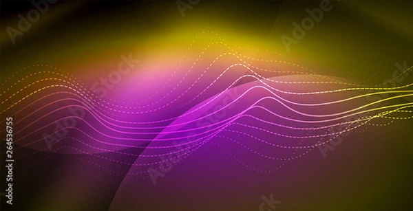 Fototapeta Glowing abstract wave on dark, shiny motion, magic space light. Techno abstract background