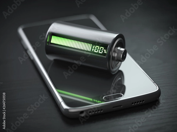 Fototapeta Smartphonecharging concept.  Mobile phone and battery charge indicator on black wooden table.