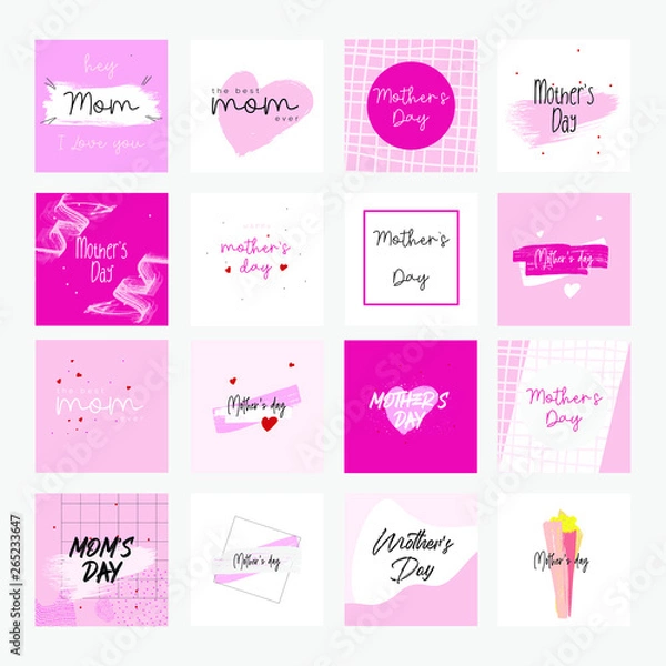 Fototapeta Set of Happy Mothers Day lettering greeting cards template. Hand drawn elements and letters. Suitable collection for background, banner, sticker, e-mail, website. Vector illustration