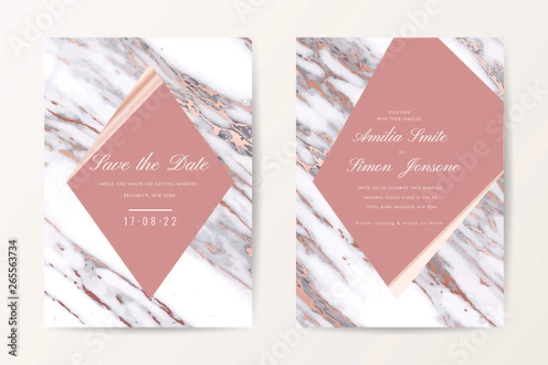 Fototapeta Luxury wedding invite cards with White marble texture and gold border pattern vector design template