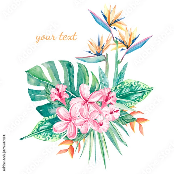 Fototapeta watercolor floral flower illustration - bouquet with tropical green leaves and  flowers, for wedding invintation, greeting cards, wallpapers, fashion, backgrounds, textures, DIY, wrappers, posters