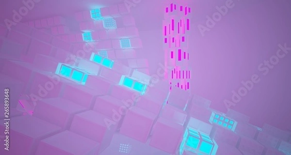 Fototapeta Abstract  white Futuristic Sci-Fi interior With Pink And Blue Glowing Neon Tubes . 3D illustration and rendering.