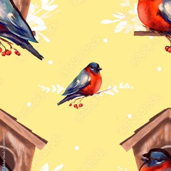 Fototapeta Seamless pattern of red berries and bullfinches. Suitable for fabric.