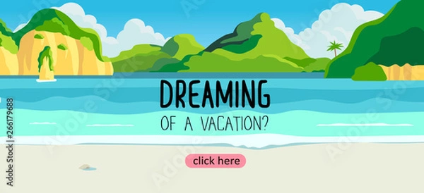 Fototapeta Travelling banner flyer or landing page for a tour operator or travel agengy. Vector illustration of an island and a beautiful tropic lagoon and an exotic beach with white sand. Summer theme.