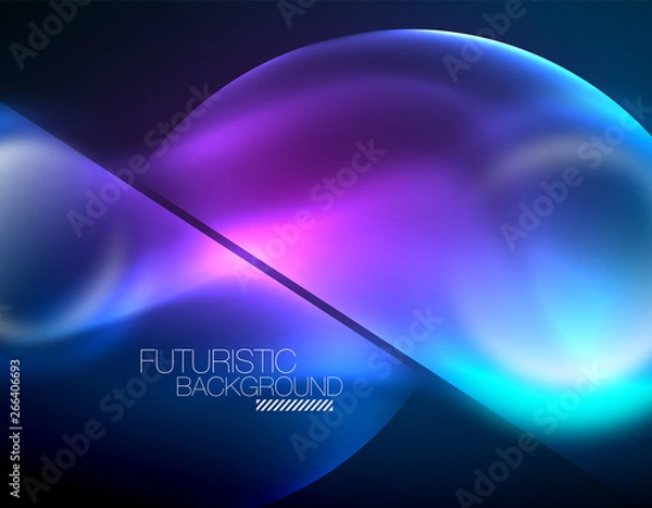 Fototapeta Blue neon bubbles and circles futuristic abstract background