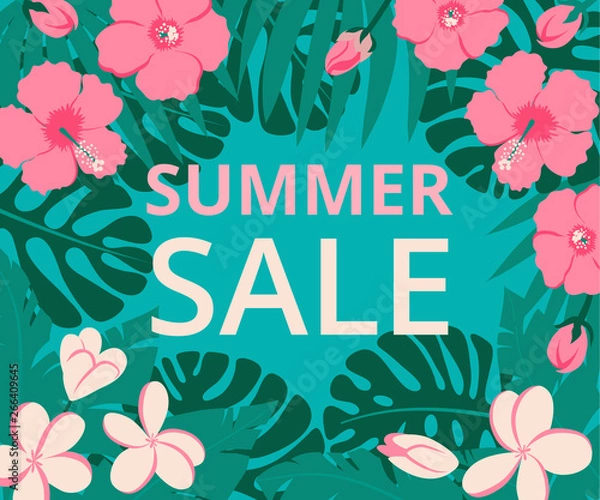 Fototapeta Summer sale banner with palm leaves and tropical flowers