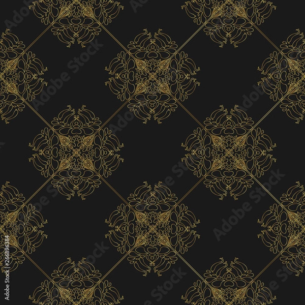 Obraz Traditional indian seamless pattern. Tibetan Buddism gold decoration motif. Arabic ornament for fashion textile print. Luxury golden vintage graphic element on black. Abstract vector lotus flower.