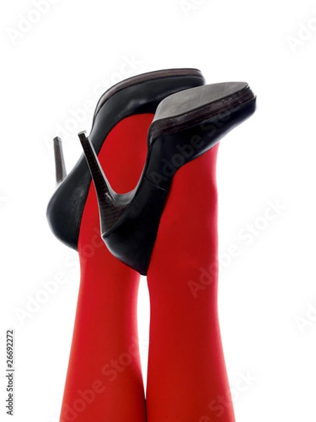 Fototapeta Woman's Ankles In High Heel Shoes and Red Tights. Model Released