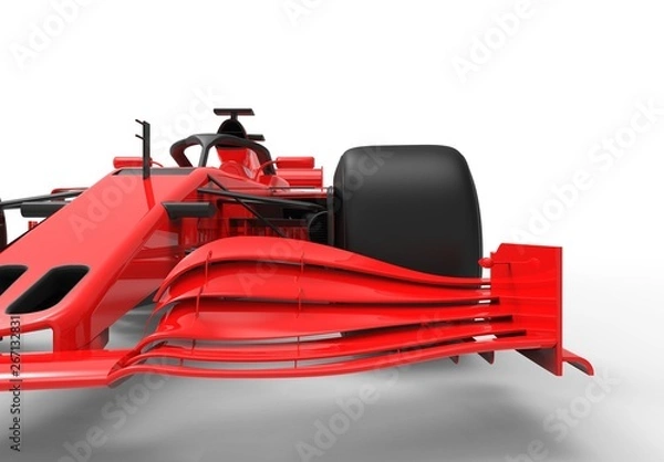 Fototapeta Detailed close up 3D rendering illustration of the front wing of a modern red sports race car isolated in white studio background without stickers