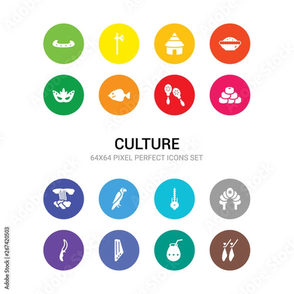 Fototapeta 16 culture vector icons set included jamón serrano, kalabas, kankles, knife in sheath, kokoshnik, kora, macaw on a branch, maletsunyane, mantecados, maracas couple, marine fish icons