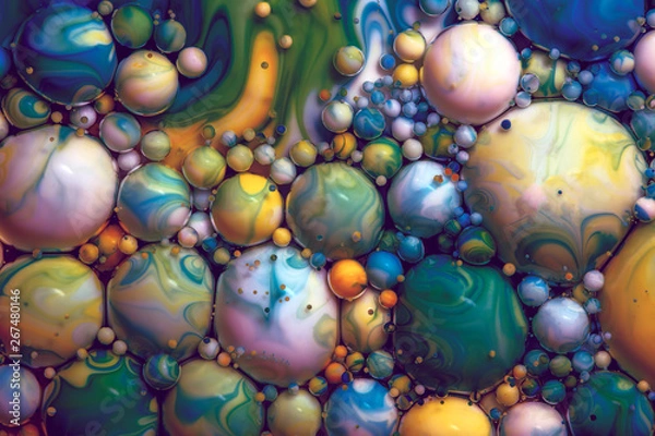 Fototapeta Macro photography of colorful bubbles in some fluids producing vibrant fleeting microworlds that are eternalized in a picture.