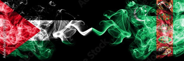 Fototapeta Palestine vs Turkmenistan, Turkmenistans smoky mystic flags placed side by side. Thick colored silky smokes flag of Palestinians and Turkmenistan, Turkmenistans