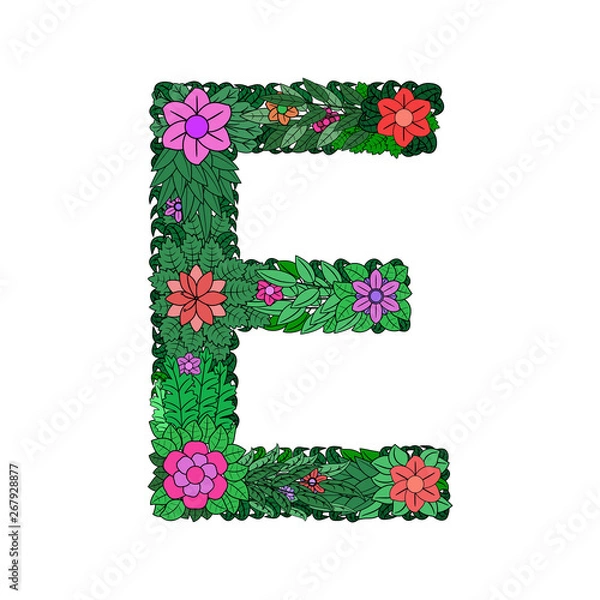 Fototapeta The letter E -  bright element of the colorful floral alphabet on a white background. Made from flowers, twigs and leaves. Floral spring ABC element in vector.