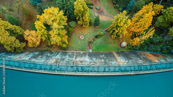 Fototapeta Aerial View of Autumn Gardens and Dam D