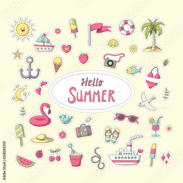 Fototapeta Summer sticker. Set of cute cartoon characters. Vector collection for stickers, patches, badges, pins. Hand drawn style doodle.