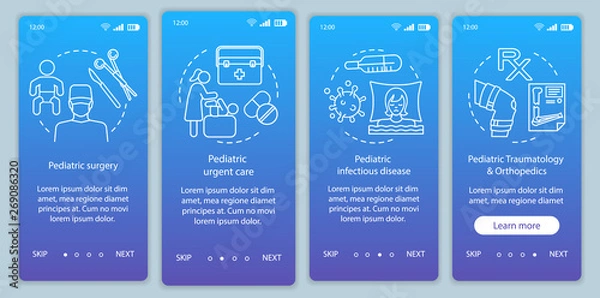 Fototapeta Pediatrics services onboarding mobile app page screen vector template