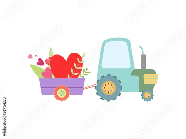 Fototapeta Cute Tractor with Hearts and Flowers, Agricultural Farm Transport with Cart Vector Illustration