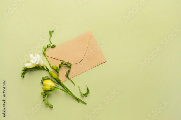 Fototapeta Beautiful freesia flowers and envelope on color background