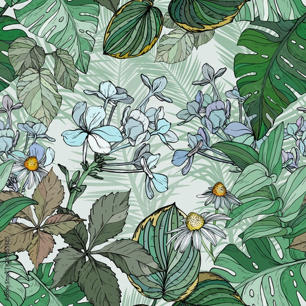 Fototapeta Seamless pattern with foliage, flowers and leaves.