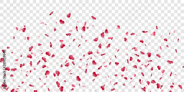 Fototapeta Heart falling confetti isolated white transparent background. Red fall hearts. Valentine day decoration. Love element design, hearts-shape confetti wedding card, romantic holiday. Vector illustration