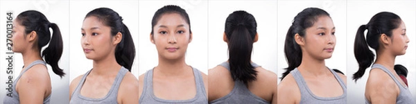 Fototapeta Collage group pack of Asian Woman after applying make up hair style. no retouch, fresh face with acne, lips, cheek, smooth skin. Studio lighting white background, for aesthetics therapy treatment