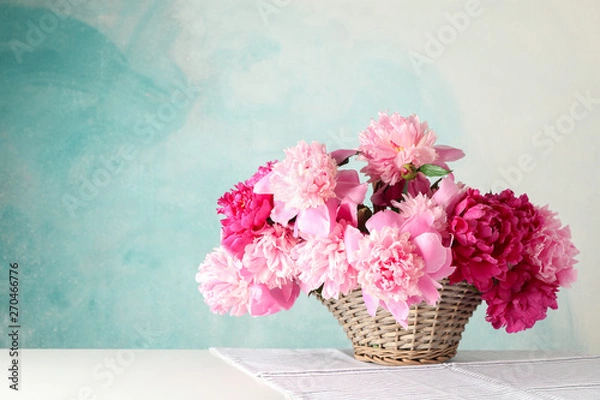 Fototapeta Wicker basket with bouquet of beautiful peonies on white table against blue background, space for text