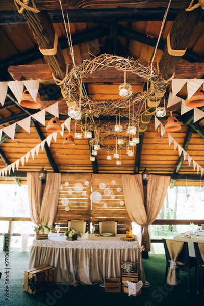 Fototapeta Decorated meadow for wedding ceremony.