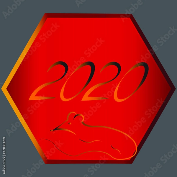 Obraz Astrological sign of the zodiac metal Rat on the Chinese Eastern Asian calendar. The layout of the symbol of the New Year 2020, 2032 in a frame in red yellow gold colors, colors on a gray dark backgro