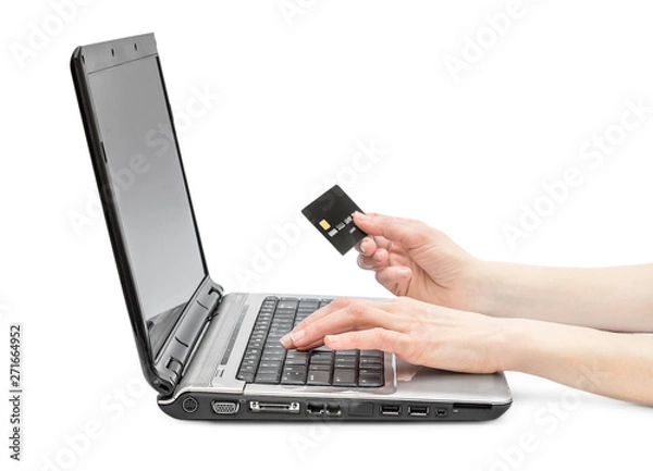 Fototapeta Woman make shopping online on laptop. Isolated on white.