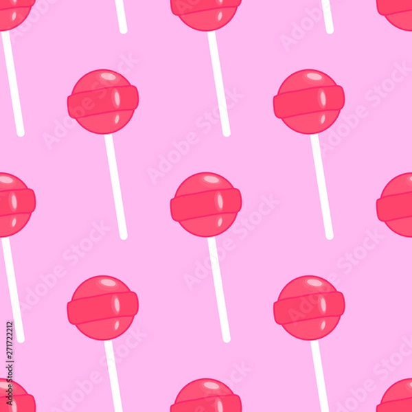 Fototapeta Seamless pattern with red lollipops isolated on pink background. Cartoon retro style sweet candy vector wallpaper.