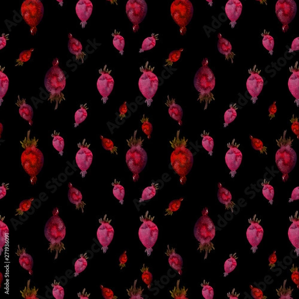 Fototapeta Seamless Watercolor Botanical Pattern with Briar Branches in Asian Style. Floral Winter, Autumn Background. Fabrics Design for Kimono. Chinese, Japanese. Wallpaper, Paper, Textile, Print with Berries.