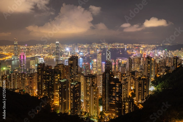 Fototapeta Night view of the Victoria Habour on top of Victoria Peak in Hong Kong, China