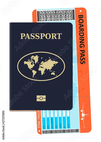 Fototapeta Passport and plane ticket. A modern biometric passport with a boarding pass. Travel and tourism concept. Flat vector.