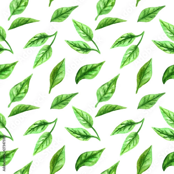 Fototapeta Green leaves. Seamless pattern. Hand drawn watercolor illustration. Texture for print, fabric, textile, wallpaper.