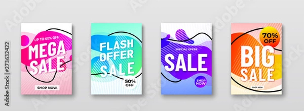 Fototapeta Sale abstract vector backgrounds with liquid gradient shapes, lines, promo text. Motion graphic fluid design for discount offer mobile app, advertising banner, poster