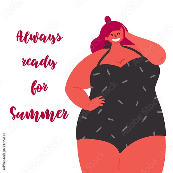 Fototapeta Always ready for summer. Body positive plus size woman in black swimsuit. Pretty slightly overweight girl. Vector flat illustration