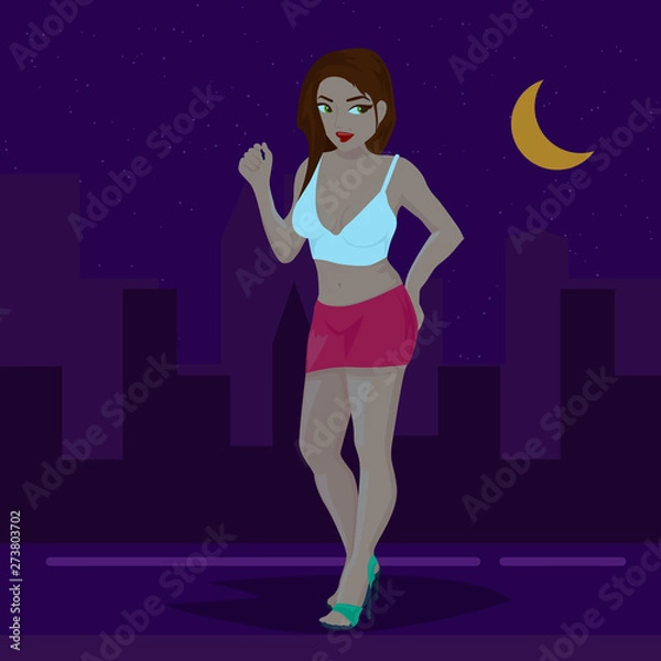 Fototapeta Prostitute girl standing on street at night