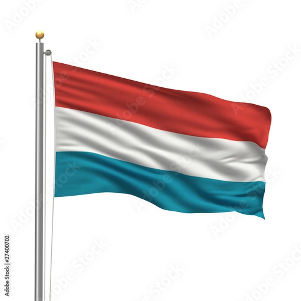 Fototapeta Flag of Luxembourg waving in the wind in front of white