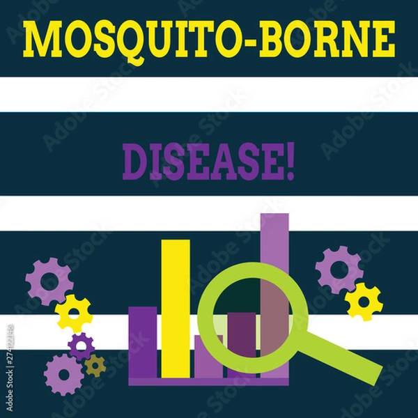 Fototapeta Writing note showing Mosquito Borne Disease. Business concept for illnesses caused parasites transmitted by mosquitoes Magnifying Glass On Chart beside Cog Wheel Gear for Analysis