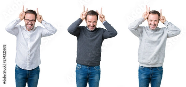 Fototapeta Collage of handsome senior man over white isolated background Posing funny and crazy with fingers on head as bunny ears, smiling cheerful