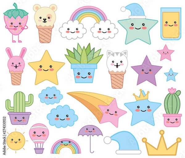 Fototapeta bundle of emojis fairytale kawaii characters