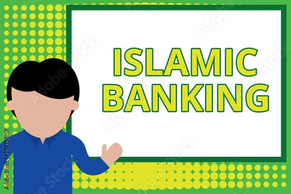 Fototapeta Word writing text Islamic Banking. Business photo showcasing Banking system based on the principles of Islamic law Young man standing in front whiteboard pointing to project. photo Art